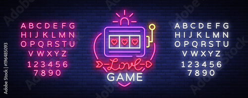 Love Game neon sign vector. Casino Slot Machines Logo in the neon style, gambling symbol, light banner, bright neon night advertisement for casinos gambling. Design template. Editing text neon sign