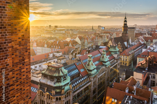 Sunset over the old town in Wroclaw, Silesia, Poland