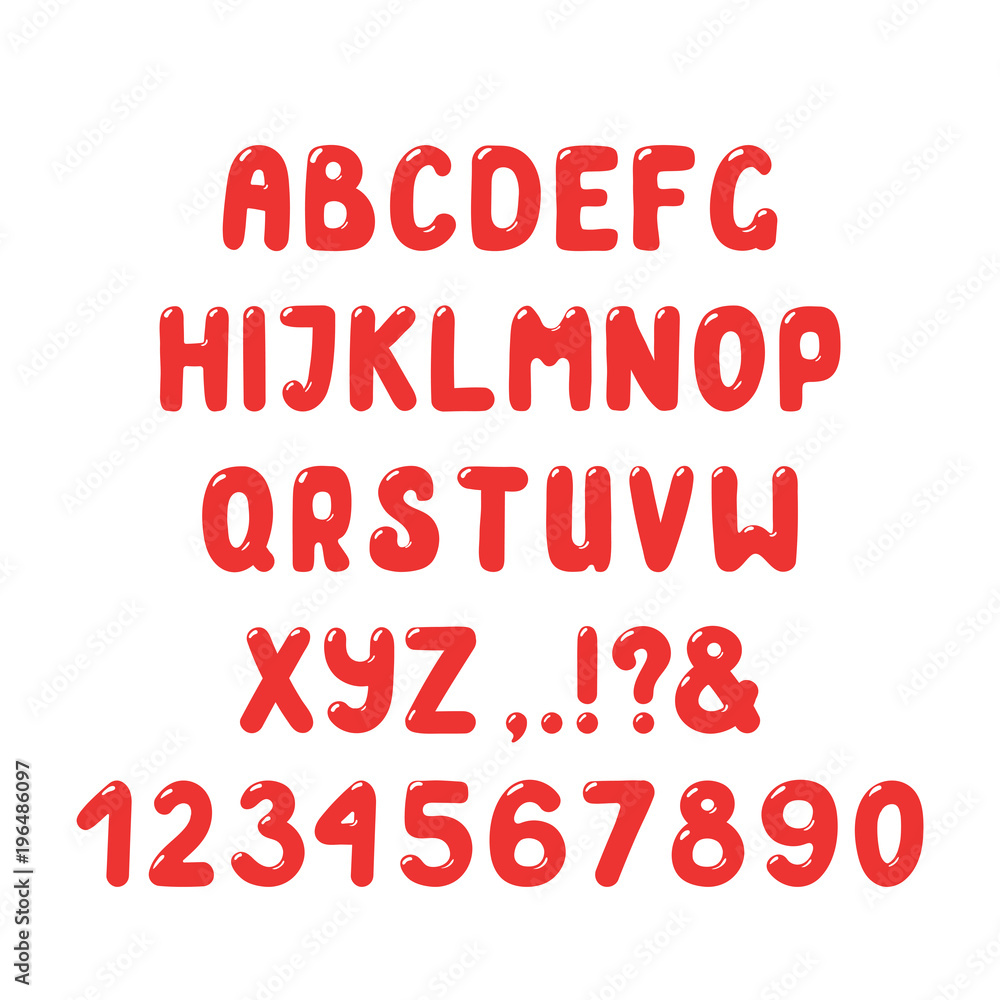 Hand drawn cute and bright roman alphabet with numbers, punctuation marks. Make your own festive lettering. Isolated letters on white background. Vector illustration. Hand drawn cute and bright roman alphabet with numbers, punctuation marks. Make your own festive lettering. Isolated letters on white background. Vector illustration.