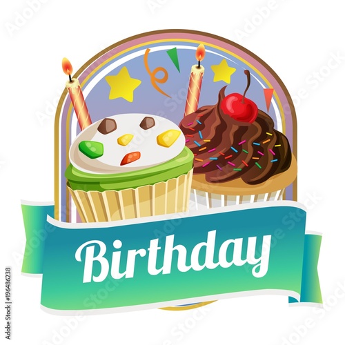badge of delicious cupcake with sweet topping