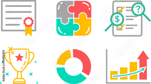 Business icon set. Colorful flat vector illustrations. Analytics and research. Investigation and explore. Enhancement and rewards. Information technology and development theme