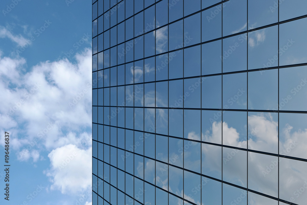 Wall of skyscraper under blue sky with clouds Wall of skyscraper under blue sky with clouds