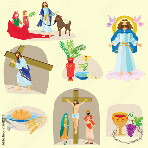 Set for Christianity holy week before easter, Lent and Palm or Passion Sunday, Good Friday crucifixion of Jesus and his death, Stations of Cross, God Last Supper Crown of thorns vector illustration