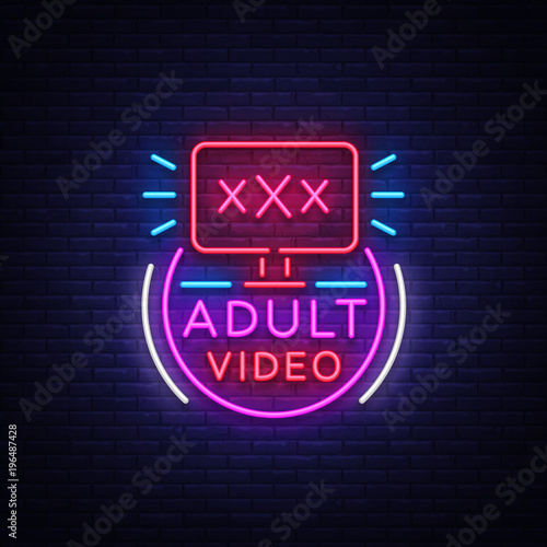 Adult video neon sign. Design template, neon logo xxx video, sex industry, light banner, night bright light advertisement. Vector illustration