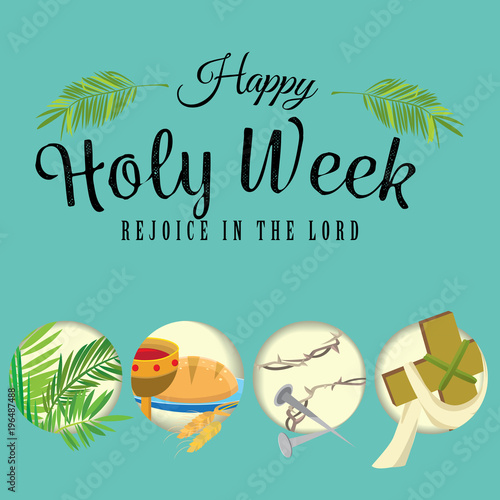 Set for Christianity holy week before easter, Lent and Palm or Passion Sunday, Good Friday crucifixion of Jesus and his death, Stations of Cross, God Last Supper Crown of thorns vector illustration