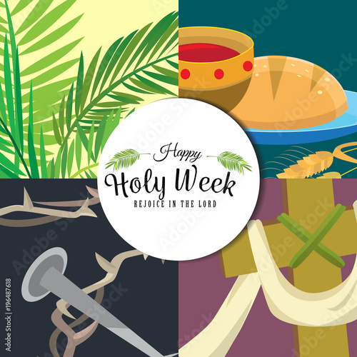 Set for Christianity holy week before easter, Lent and Palm or Passion Sunday, Good Friday crucifixion of Jesus and his death, Stations of Cross, God Last Supper Crown of thorns vector illustration