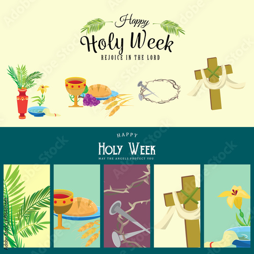 Set for Christianity holy week before easter, Lent and Palm or Passion Sunday, Good Friday crucifixion of Jesus and his death, Stations of Cross, God Last Supper Crown of thorns vector illustration