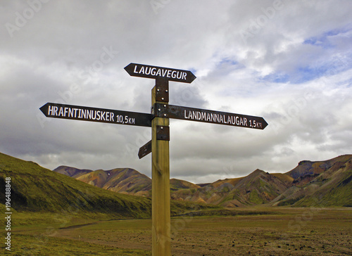 Laugavegur Hiking Trail Wooden Signpost Iceland Landmannalaugar Hrafntinnusker photo