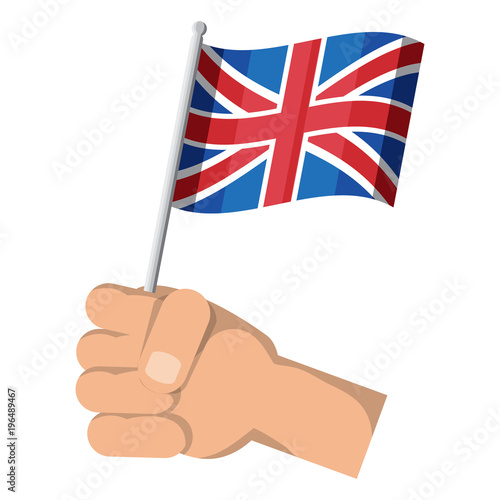 hand holding a flag of united kingdom over white background, colorful design. vector illustration