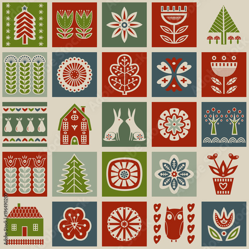 Scandinavian folk art seamless vector pattern with flowers, trees, rabbit, owl, houses, mushrooms, pears and decorative elements in simple style