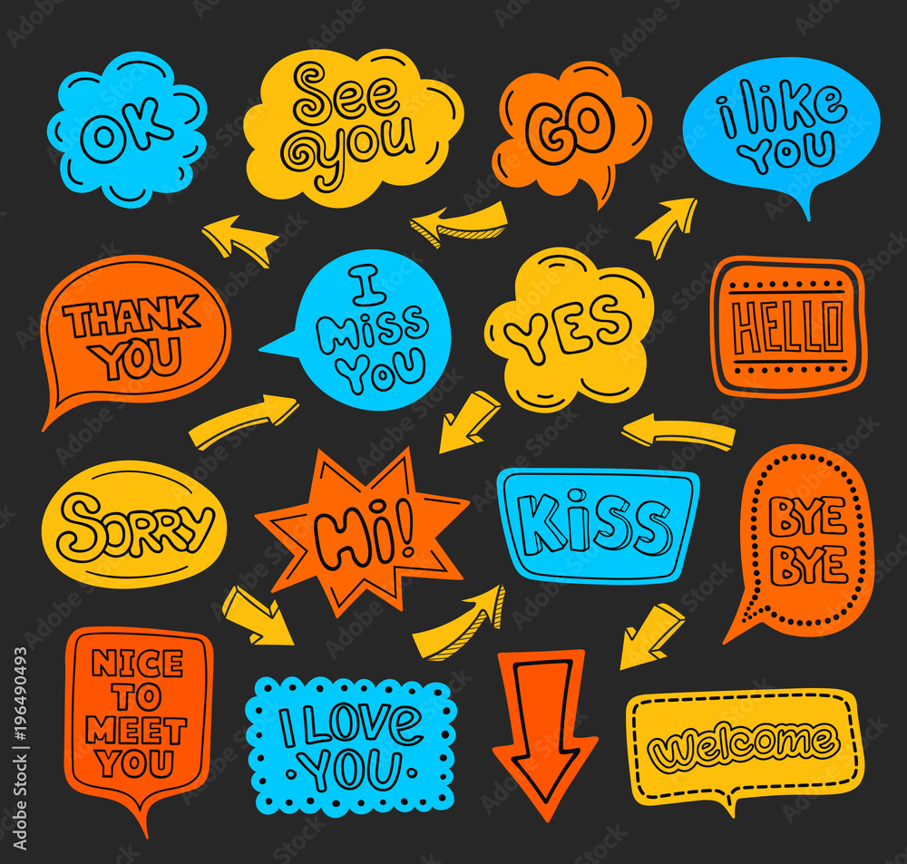 Multi-colored speech bubbles with text on a black background. Different phrases written in a cartoon style. Design elements set. Vector illustration.