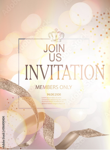 Elegant invitation card with frame, crown and defocused lights on the background and ribbon with circle pattern. Vector illustration