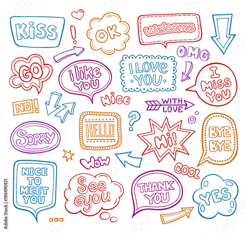 Sound bubble speech bubbles with phrases word and comic cartoon expression. Colorful vector illustrations for graphic and web design. Doodle school style.
