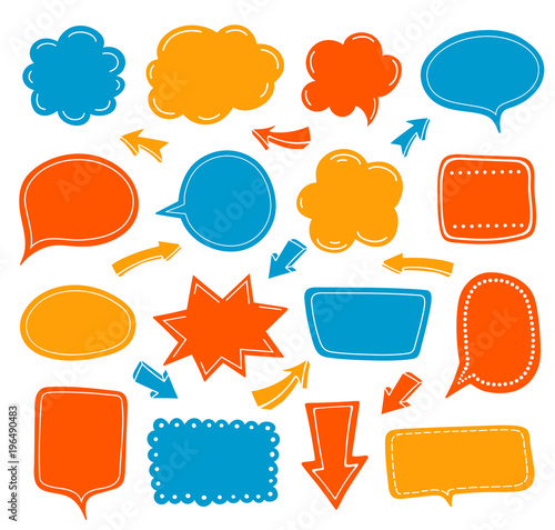 Empty speech balloon collection. Set of colored talking cloud and arrows. Vector illustration.