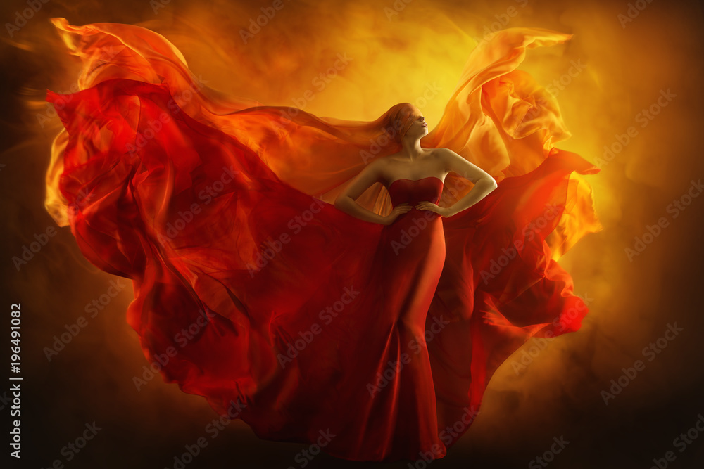 Fashion Model Art Fantasy Fire Dress, Blindfolded Woman Dreams in Red