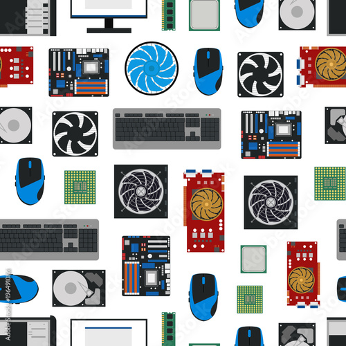 Cartoon PC Components Seamless Pattern Background. Vector