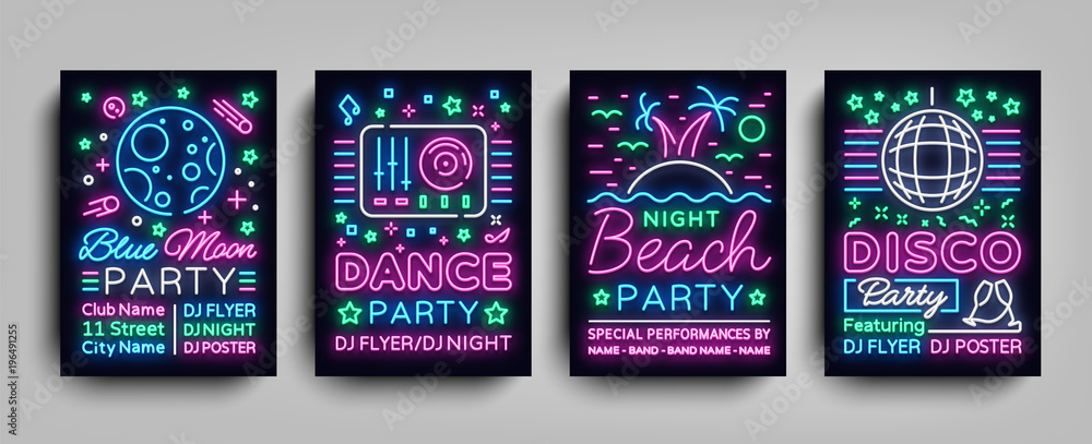 Plakat Kolekcja imprezowych plakatów w klubie nocnym. Impreza nocna, neon, ulotka neon znak, disco ball, szablon plakat muzyczny noc, jasny neon reklamy, koncert, dyskoteka, festiwal. Ilustracje wektorowe