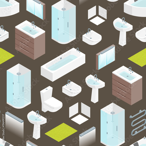 Furniture Bathroom Interior Seamless Pattern Background Isometric View. Vector