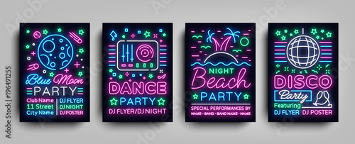 Nightclub party collection of posters. Night party, Neon sign, neon sign flyer, disco ball, musical night poster template, bright neon advertising, concert, disco, festival. Vector Illustrations photo