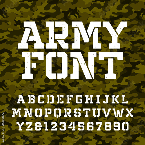 Army stencil alphabet font. Type letters and numbers on a green camo seamless  background. Vector military typeface for your design.