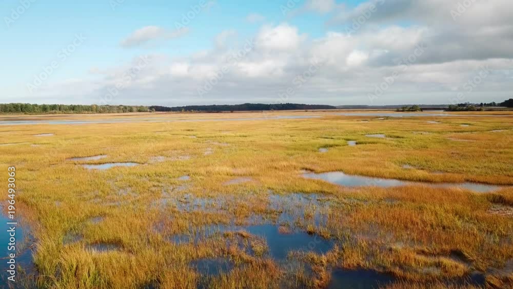 Aerial over vast bogs along the Nonesuch River near Portland, Maine, New England.
