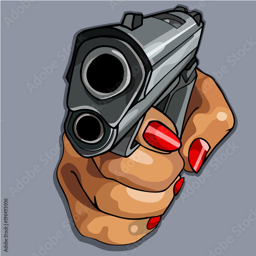 womens cartoon hand with red manicure holding gun