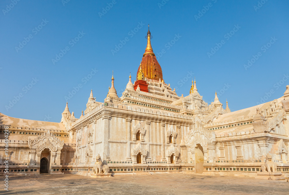 Ananda Temple in  Old Bagan, Myanmar. The Buddhist temple houses four standing Buddhas, each one facing the cardinal direction of East, North, West and South.