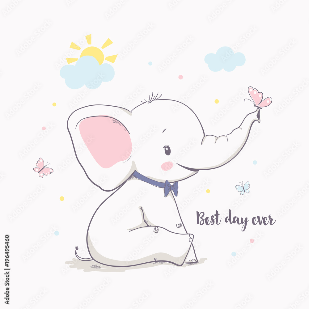 Fototapeta premium Mały słoń z motylem. Ilustracja wektorowa dla dzieci
