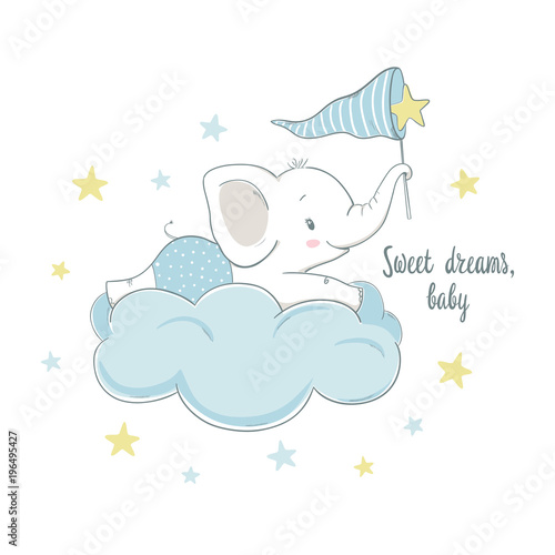 Little elephant on the cloud. Cartoon vector illustration for kids
