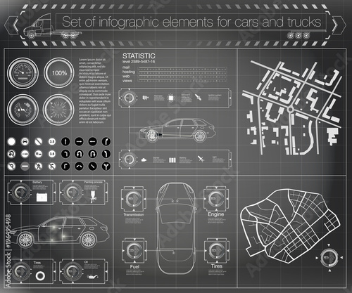 Futuristic user interface. Infographics of freight transport and transportation.Template of automobile infographics. Abstract virtual graphic touch user interface. Cars diagnostic.