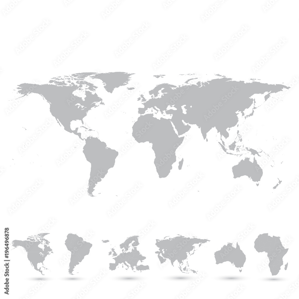 Naklejka premium Gray world map and the continents, illustration