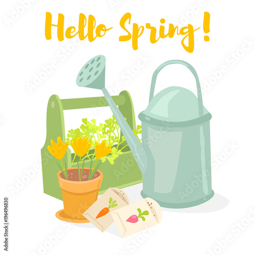 Hello spring gardening banner. Watering can, box with herbs, pot with crocuses, seeds. Vector illustration