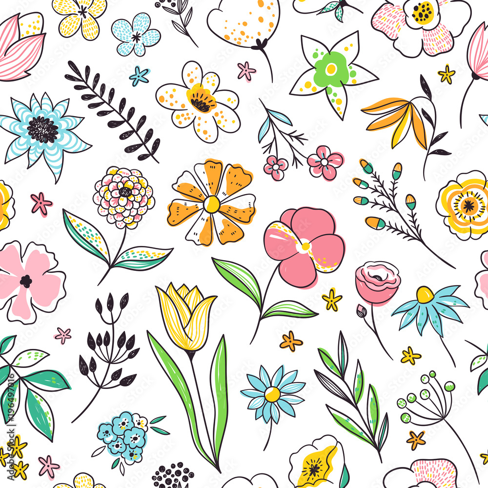 Spring blooming flowers and plants seamless pattern. Beautiful floral background 