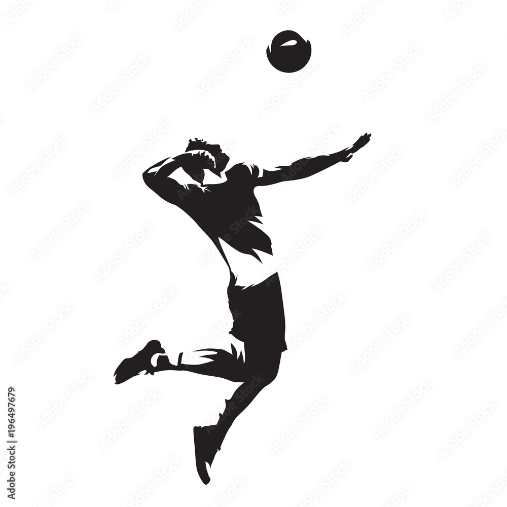 Volleyball player serving ball, isolated vector silhouette. Side view ...