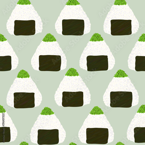 Onigiri topped with green tobiko roe. Seamless pattern. Triangle rice balls wrapped with nori seaweed. Illustration. Japanese cuisine. Lunch texture.