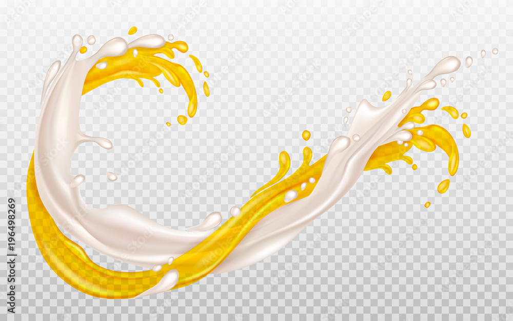 Orange juice and milk. Splashes of milk and juice are intertwined