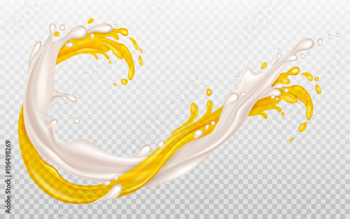 Orange juice and milk. Splashes of milk and juice are intertwined. Dairy and fruit mix. Transparent Yellow splash. Element for advertising or packaging dairy products. Vector illustration. 