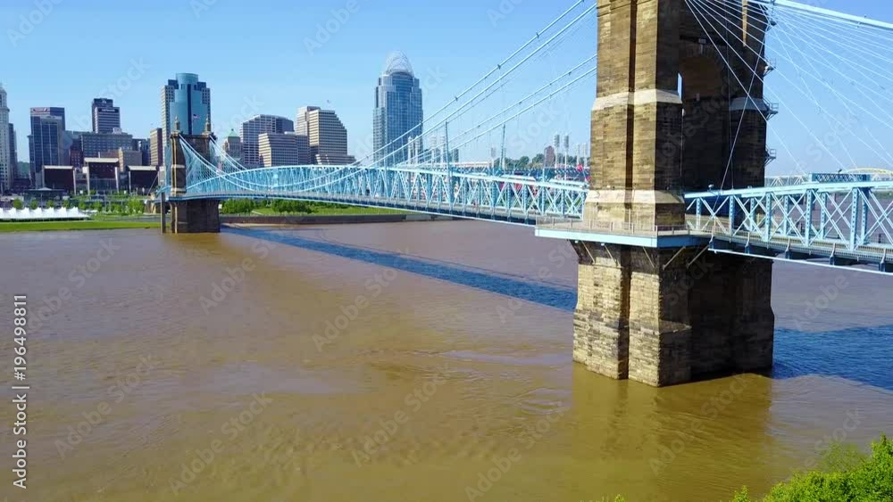 A beautiful rising aerial shot of Cincinnati Ohio with bridge crossing the Ohio River foreground. A beautiful rising aerial shot of Cincinnati Ohio with bridge crossing the Ohio River foreground.