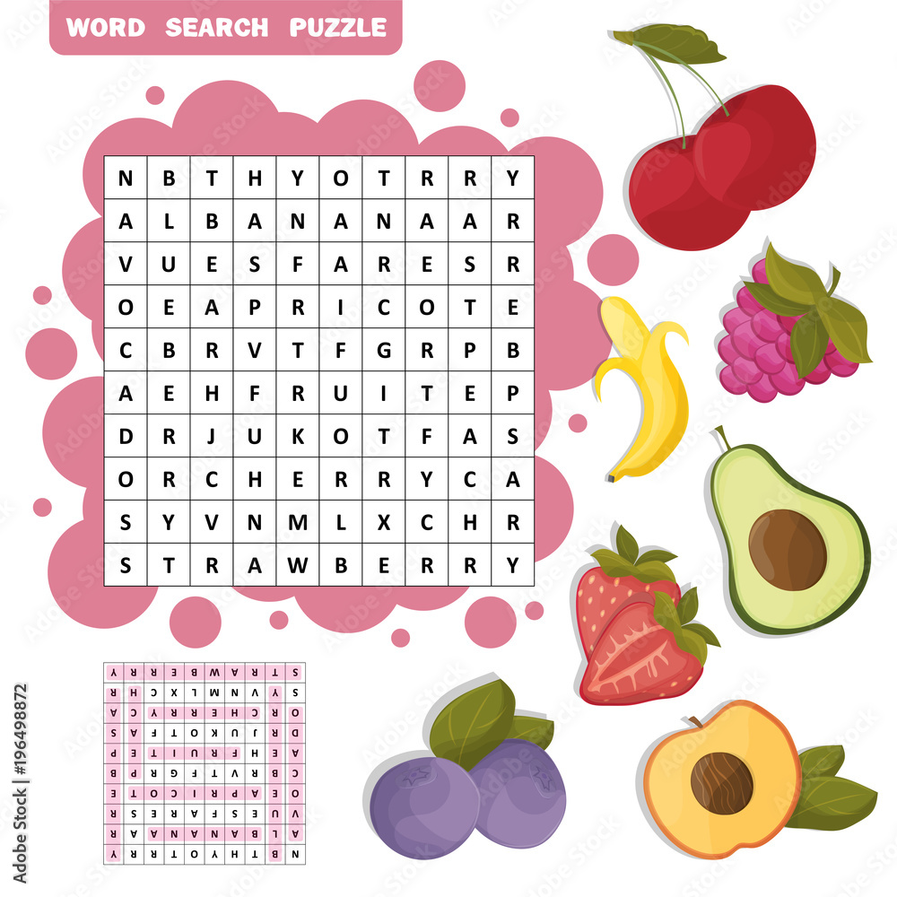 Vector crossword, education game for children about fruits. Word search