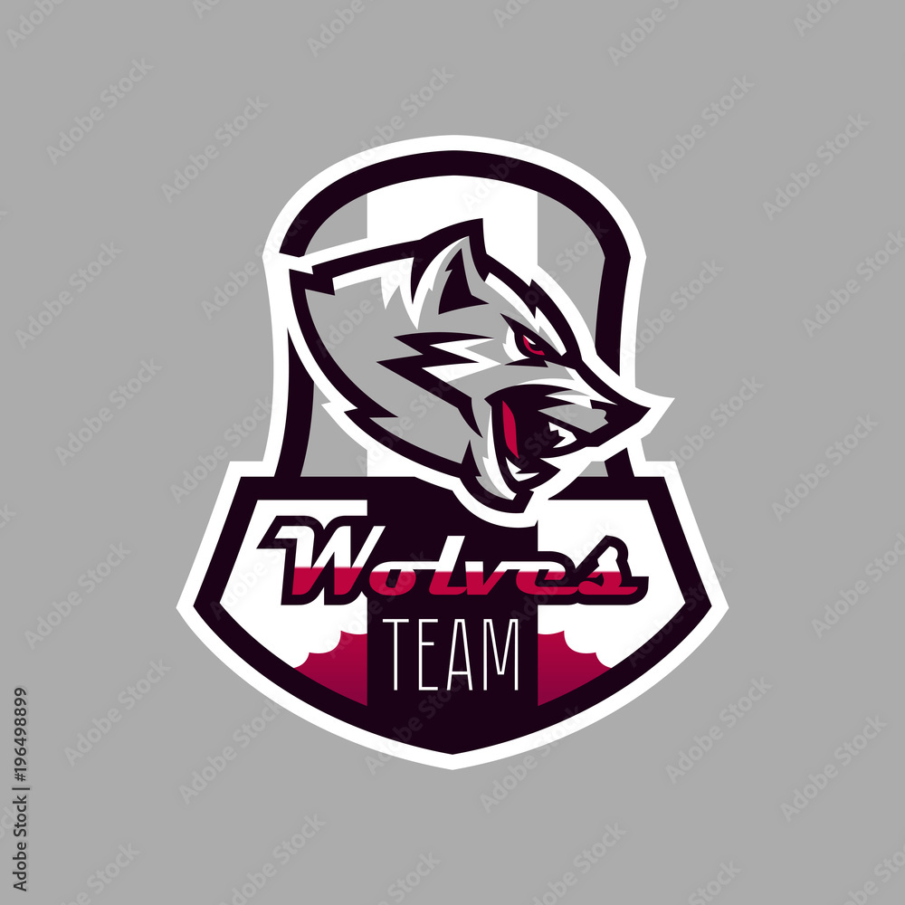 Colorful emblem, logo, snarling wolf. An aggressive predator, an animal from the forest, a coyote, a dangerous beast, a head, a mascot. Sport Identity, T-shirt printing, vector illustration