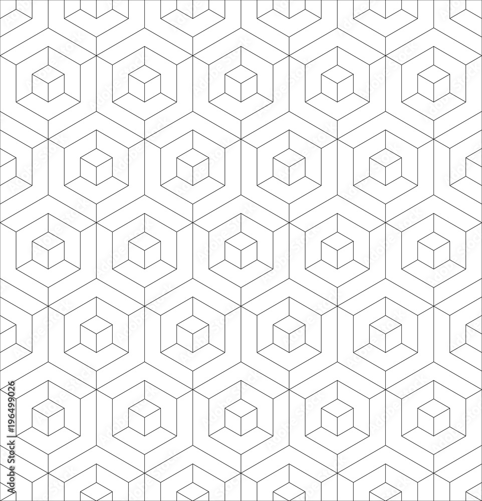 Abstract 3D background of isometric hexagonal shapes. Thin black outline vector seamless pattern design.