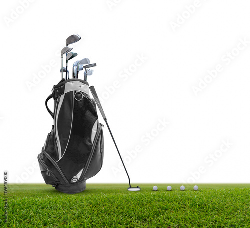 Torba golfowa, piłka golfowa i twarz zrównoważony miotacz z uchwytem Super Stroke na białym tle