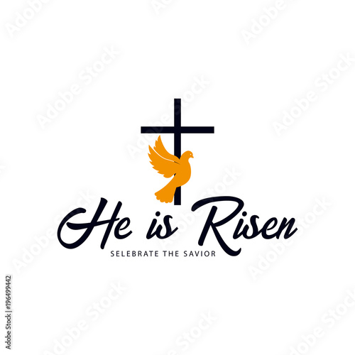 He is Risen. Church easter logo, emblem, labels or stickers with dove and cross. Vector graphics