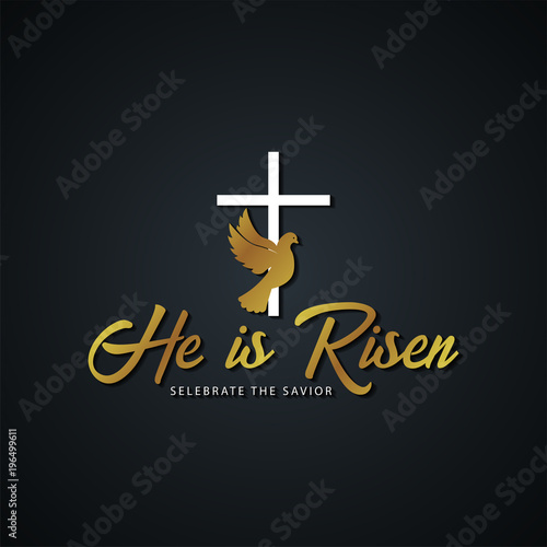 He is Risen. Church easter logo, emblem, labels or stickers with dove and cross. Vector graphics