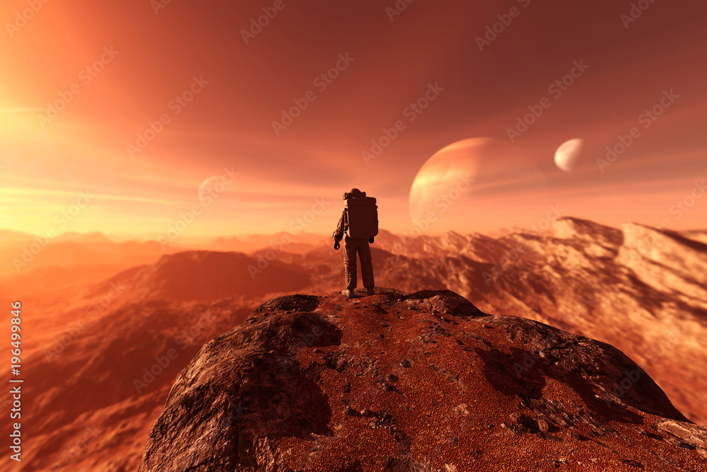 Naklejka premium astronauta wkracza na opuszczoną planetę lub eksploruje nową planetę, którą odkrywa, renderowanie 3d koncepcji science-fiction