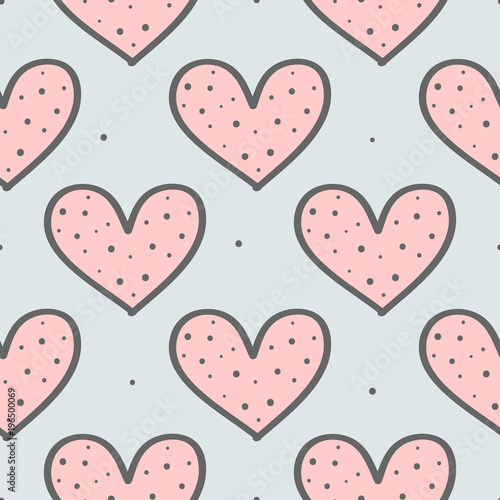 Cute seamless pattern with repeating hearts and round dots. Drawn by hand, sketch, doodle. Endless print.