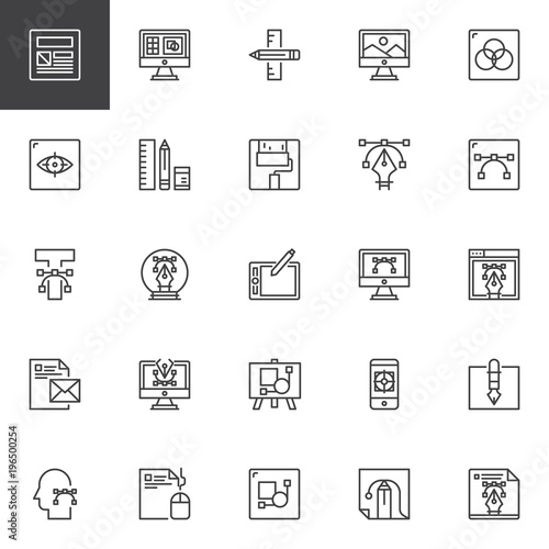 Design and Creative outline icons set. linear style symbols collection, line signs pack. vector graphics. Set includes icons as Layout, Designing, Graphic tablet, Computer art, Paint, artboard