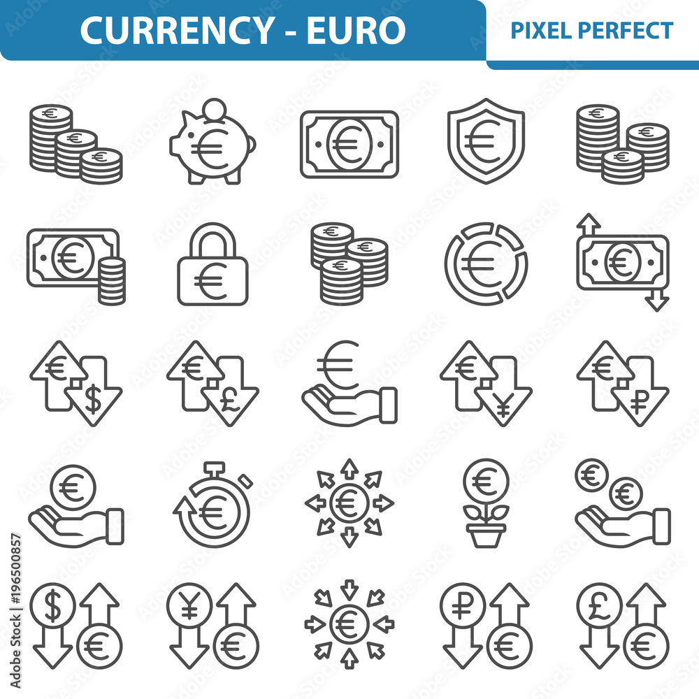 Currency - Euro Icons. Professional, pixel perfect icons depicting various finance, money and currency concepts. EPS 8 format. Currency - Euro Icons. Professional, pixel perfect icons depicting various finance, money and currency concepts. EPS 8 format.