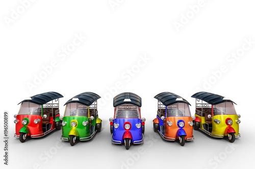 3d rendering front row of multicolor beautiful Tuk Tuk, Thai traditional taxi for public transportation, isolated on white background.