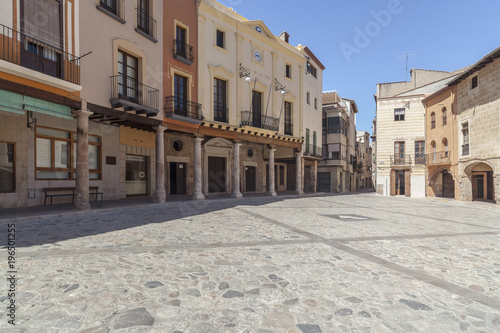  Street view, square, Plaza Nova, Alcover, province Tarragona, Catalonia, Spain.